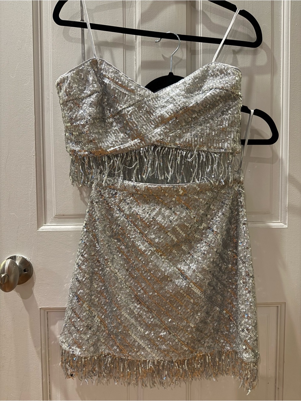 SAYLOR Silver Sequin Fringe Skirt Set
